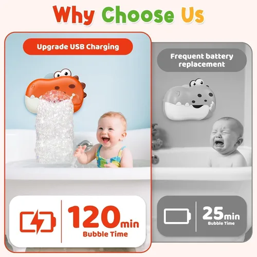 Miniatura 7 de Juguetes de baño para bebés, máquina recargable de burbujas de dinosaurio con música, juguetes de baño para bañera para niños pequeños, regalos
