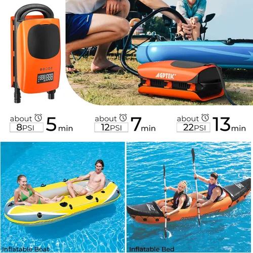 Miniatura 3 de AGPTEK Bomba de tabla de remo de alta presión de 22 PSI, bomba de aire eléctrica SUP, bomba de tabla de remo portátil, función de inflado