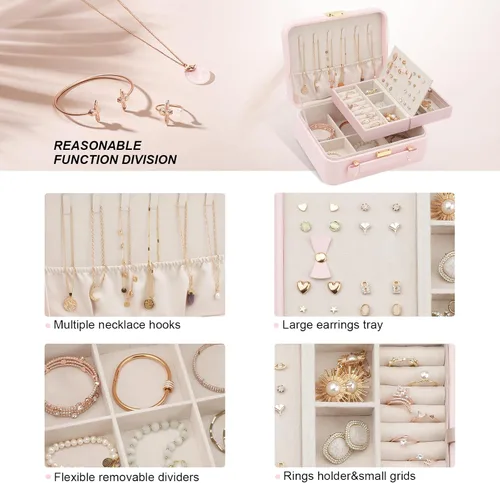 Miniatura 4 de Organizador de viaje grande para joyas, joyero de viaje grande con bandeja de joyería extraíble, cajas de joyería de 2 capas para mujer, rosa