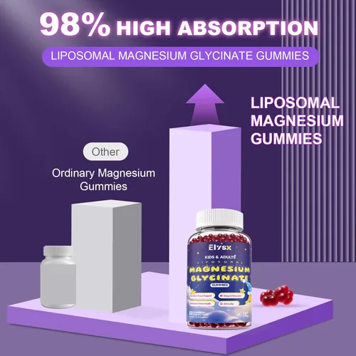 Miniatura 5 de Gomitas de bisglicinato de magnesio liposomal de 400 mg para niños y adultos, suplemento de bisglicinato de magnesio masticable con teanina, B6