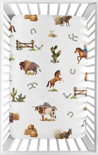 Miniatura 20 de Sweet Jojo Designs Sábana bajera ajustable de animales de granja para cuna portátil para cuna o paquete y juego - Acuarela de granja caballo, vaca