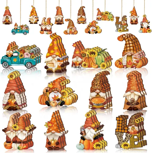 FairySandy 36 piezas de decoración y adornos de árbol de otoño, gnomos de Acción de Gracias, adornos colgantes de madera, calabazas, hojas, flores,