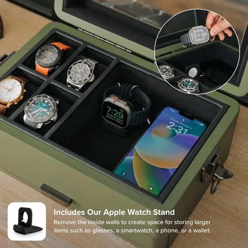 Miniatura 14 de CASE ELEGANCE Black Edition - Caja de reloj militar con 10 ranuras para hombres, parte superior de cristal real, bandeja modular de valet