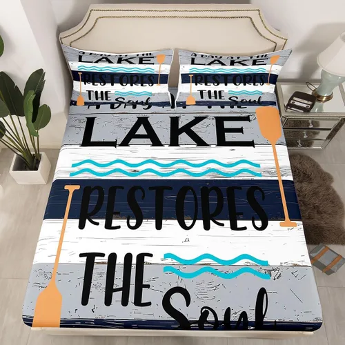 Miniatura 40 de Lake House - Sábana bajera ajustable tamaño individual, sábanas de anclaje náutico para niños, adolescentes, adultos, dormitorio, juego de ropa