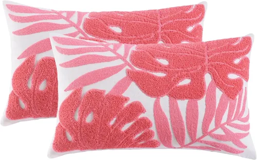 Miniatura 12 de Fundas de almohada bordadas de 18 x 18 pulgadas, paquete de 2 fundas de almohada azules botánicas tropicales con hojas tropicales, fundas de cojín