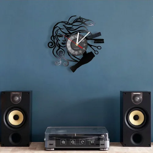 Miniatura 3 de SYNYEY Reloj de pared de disco de vinilo para peluquería de 12 pulgadas, color negro, movimiento de barrido de cuarzo silencioso, fácil de colgar