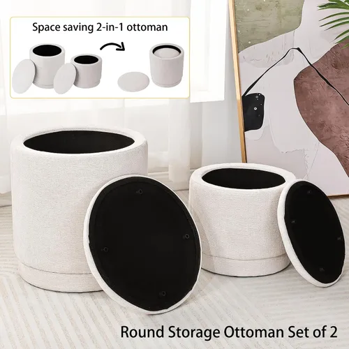 Miniatura 6 de Homebeez Juego de 2 otomanas redondas de almacenamiento, taburete tapizado de felpilla con tapa extraíble para sala de estar y dormitorio, asiento
