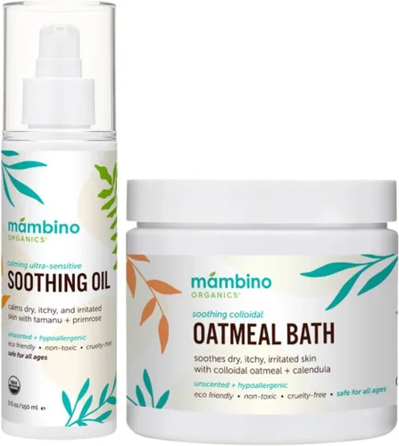 Mambino Organics Set calmante para la piel, polvo de baño de avena y aceite corporal relajante, sin fragancia con jojoba y onagra, suave para bebés