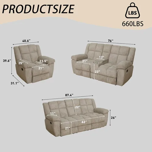 Miniatura 2 de Juego de sofá reclinable seccional con almacenamiento, juegos de muebles de pana para sala de estar, juego de sofá reclinable con portavasos, Beige