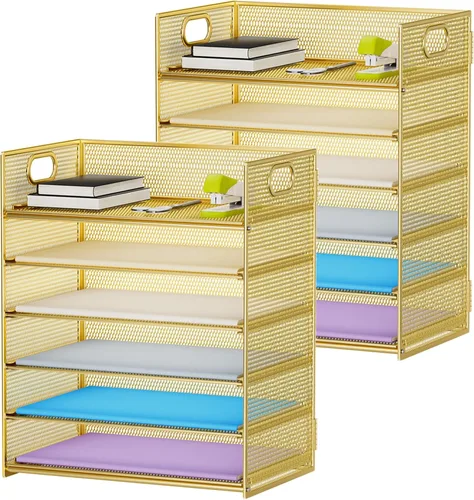 Miniatura 7 de Marbrasse Paquete de 2 Organizadores de Escritorio con Asa, Bandeja de Cartas de Papel de 6 Niveles, Organizador de Archivos de Escritorio de Malla