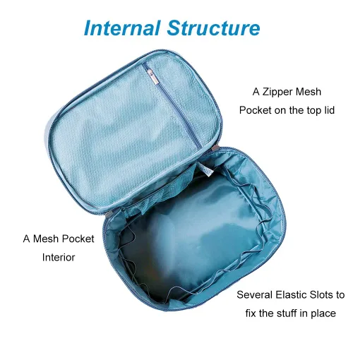 Miniatura 2 de Bolso de maquillaje HOYOFO, bolso de viaje para productos cosméticos, con bolsillo de red, almacenamiento de aseo de viaje grande e impermeable