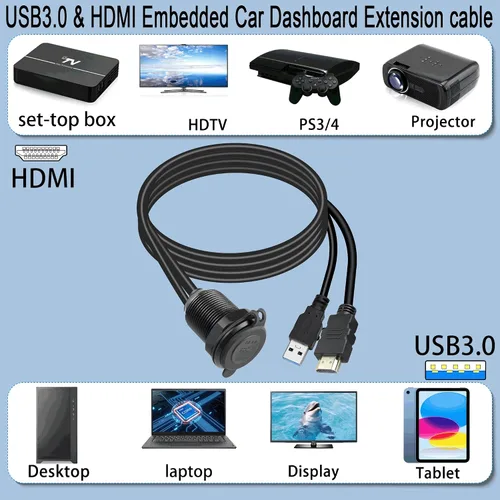 Miniatura 7 de QIANRENON USB3.0 y HDMI - Cable impermeable para automóvil, USB3.0+HDMI 1.4 roscado, cable de extensión de datos de montaje fijo, luz LED, carcasa