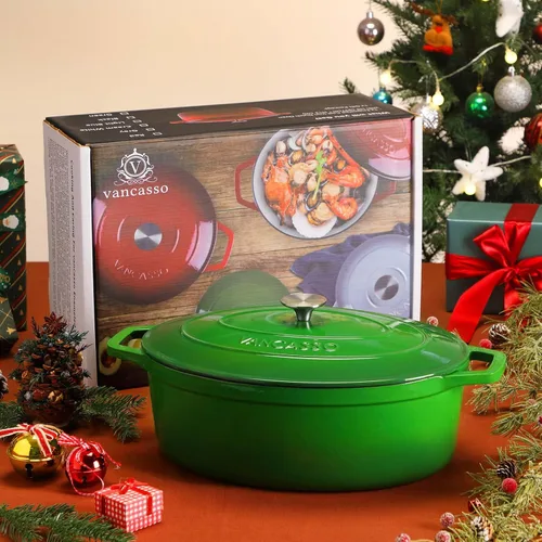 Miniatura 7 de vancasso Horno holandés de hierro fundido esmaltado, olla holandesa de 9.3 cuartos de galón con tapa, olla ovalada de hierro fundido con Verde