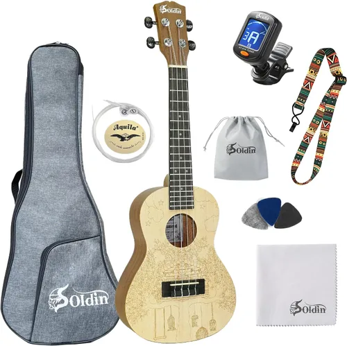 Ukelele de la serie de artistas con parte superior de abeto sólido y parte trasera de caoba y lados kit para principiantes con bolsa de concierto,