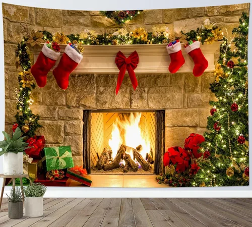 Miniatura 3 de HVEST Tapiz de Navidad para dormitorio, árbol de Navidad y calcetín de Navidad, chimenea, decoración de pared, tapiz grande para colgar en la pared