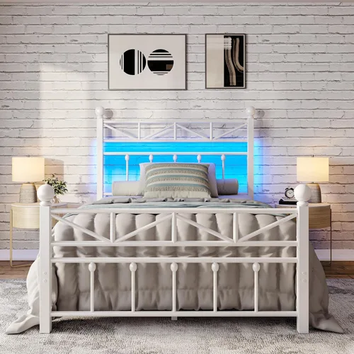 Miniatura 11 de EnHomee Base de cama de plataforma de metal tamaño Queen, cabecero alto de 54" y luces LED, cabecero y piecero vintage victoriano, almacenamiento