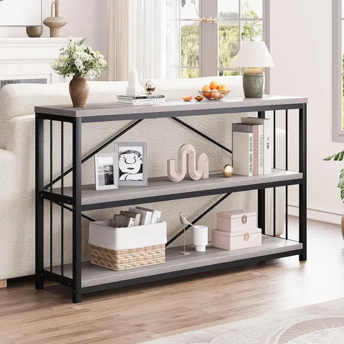 Miniatura 3 de LVB Mesa de Entrada Estilo Granja, Mesa Consola de Metal y Madera para Pasillo, Mesa de Sofá Rústica Industrial con Estante de Almacenamiento de 3