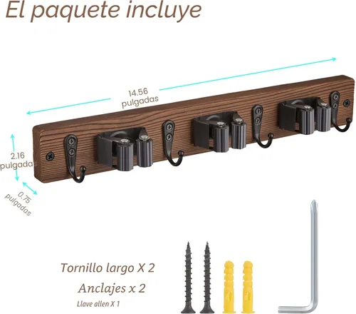 Miniatura 6 de OUTNILI Soporte de pared para escoba de fregona con 3 ranuras y 4 ganchos, colgador de escoba de madera para organización de cocina de despensa