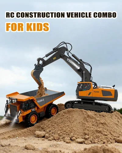 Miniatura 4 de HuiJuKeJi Juguete de excavadora de control remoto de 11 canales, vehículo de construcción RC recargable de 2.4 GHz para niños, rotación de 680°