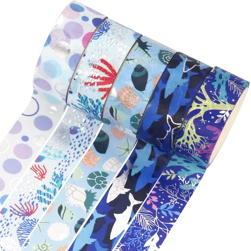 Miniatura 5 de Juego de 10 rollos de cinta washi azul océano, con impresión de lámina plateada, cintas de enmascarar decorativas para artes, manualidades DIY