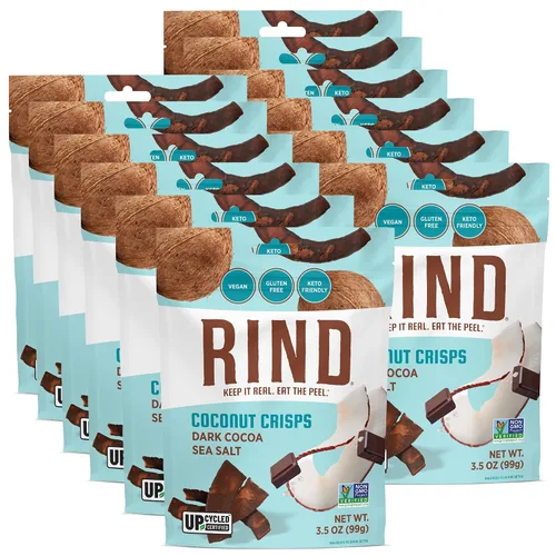 RIND Snacks | Patatas fritas de coco con sal marina de cacao oscuro | Superalimento de frutas secas | Chips de refrigerio | Todo natural | Bajo en
