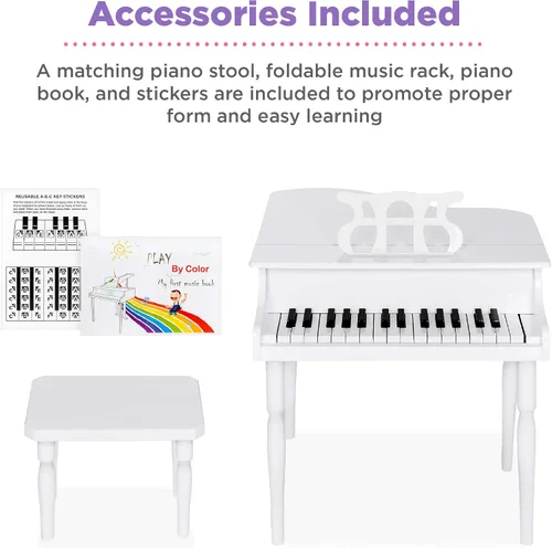 Miniatura 4 de Best Choice Products Juguete clásico de madera para niños de 30 teclas con tapa de piano, banco, estante de música plegable, libro de canciones