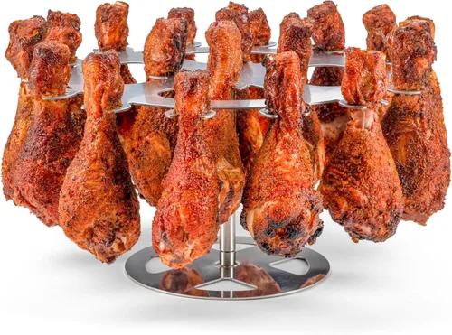 Estante de parrilla para pollo XL de Flame Fingers - Sostiene 18 patas, alas, muslos, piruletas o baquetas de pavo. Diseño giratorio de acero