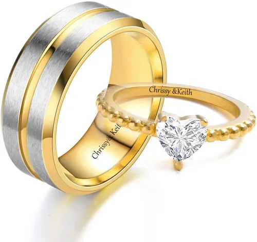 Miniatura 8 de Anillos de compromiso personalizados a juego para parejas, juego de anillos de boda de acero inoxidable dorado para él y ella, anillos de pareja