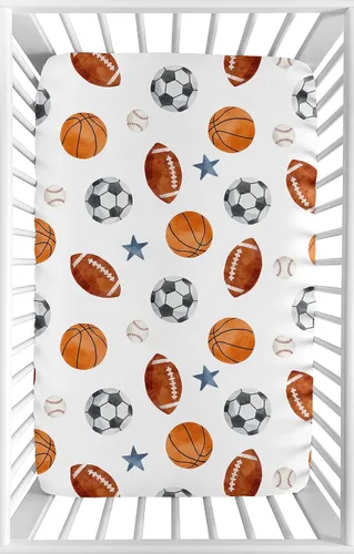 Sweet Jojo Designs Sábana bajera ajustable para cuna (tema deportivo vintage) para niños, recién nacidos/bebés, patios de juegos, cunas portátiles
