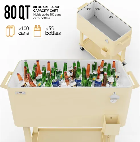 Miniatura 3 de VINGLI Baúl de hielo rodante de 80 cuartos de galón, carrito portátil para fiestas en el patio, bar, con estante, piscina de bebidas con abridor