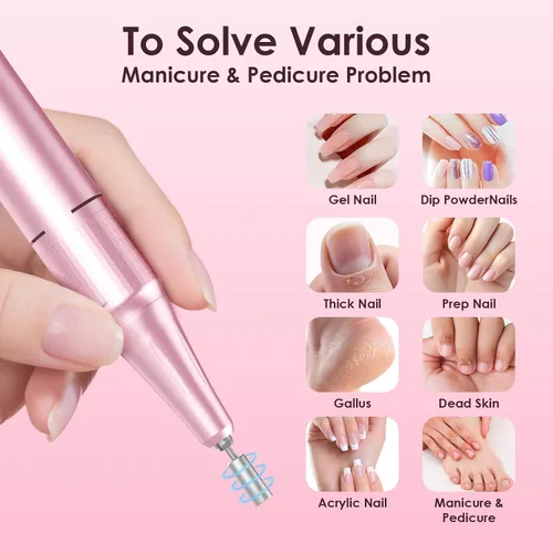 Miniatura 5 de Taladro de uñas eléctrico profesional de 45000 RPM (portátil y recargable) (con 11 brocas), máquina de lima de uñas inalámbrica para dar