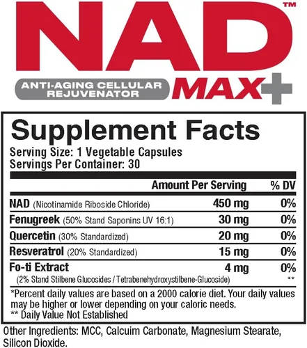 Miniatura 2 de Metabolic Nutrition NAD MAX Plus+ 450 mg de NAD + fenogreco, quercetina, resveratrol y extracto de Fo-ti para rejuvenecimiento celular