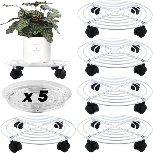 Miniatura 10 de Paquete de 5 cestas de metal para plantas de 11.8 pulgadas con ruedas, soporte de hierro forjado resistente con ruedas para uso en interiores