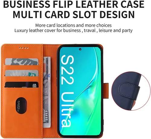 Miniatura 4 de Funda compatible con Samsung S22 Ultra, de piel auténtica, con bloqueo RFID, función atril, cierre magnético fuerte, ranuras para tarjetas