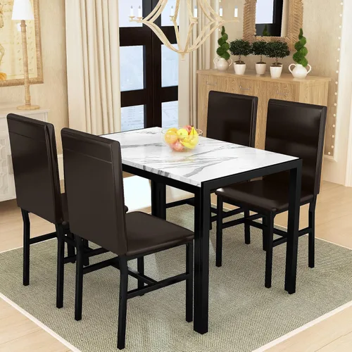 Recaceik juego de mesa de comedor para 4, mesa de cocina y sillas, mesa de comedor de mármol sintético con 4 juegos de cuero PU para comedor,