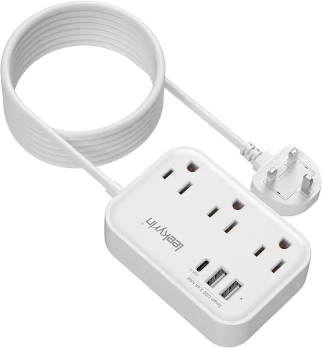 Miniatura 10 de Adaptador de enchufe de viaje europeo, regleta de corriente de EE. UU. a Reino Unido Europa para UE/RU/EE. UU. con USB C, 3 puertos USB 3 tomas