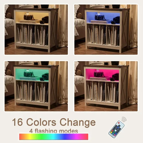 Miniatura 7 de ChooChoo Soporte grande para tocadiscos con estación de carga y luz LED, soporte para discos de vinilo con capacidad para hasta 300 álbumes, mesa