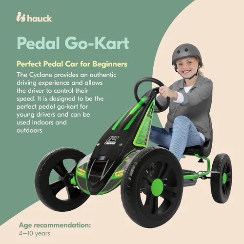 Miniatura 2 de Hauck Cyclone Junior Racing Go Kart con llantas de 12 pulgadas, pedales estilo carrera y freno de 8 bolas, verde lima - Juguete de paseo para niños