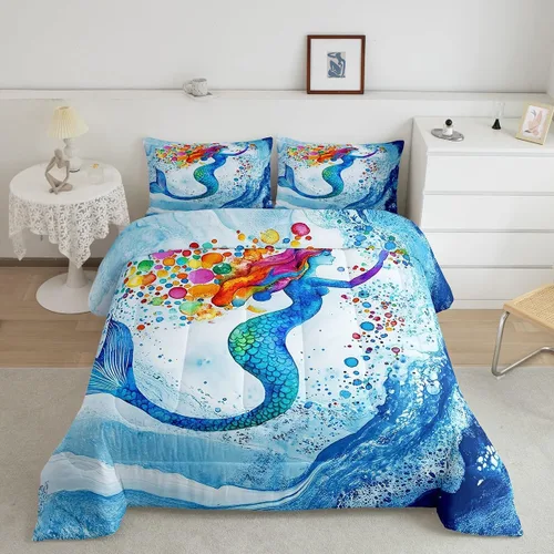Miniatura 26 de Edredón de plumón de delfín para niños, juego de edredón del mundo submarino, juego de ropa de cama coral de peces dorados, tamaño individual
