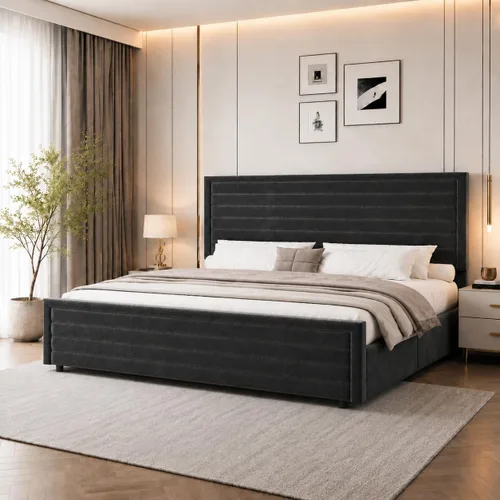 Miniatura 10 de REVOMINCA Armazón de cama tamaño completo (Full Size), plataforma tapizada con cabecera y pie de cama de terciopelo, base de colchón con listones
