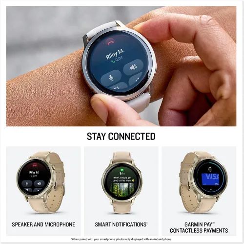 Miniatura 5 de Garmin 010-03013-03 Venu 4, reloj inteligente de 1.614 in, oro lunar con banda de hueso y correa de cuero arena clara con Deco Essentials exclusivo