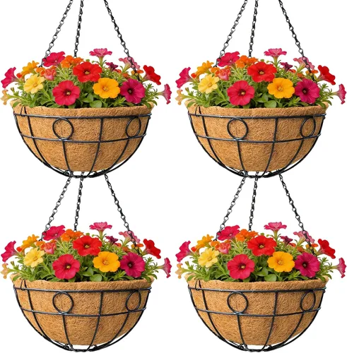 Cesta colgante clásica redonda de alambre, 4 paquetes de 12 pulgadas de profundidad, revestimiento de coco de 12 pulgadas de profundidad, para todo