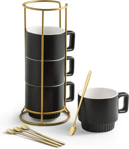 Miamolo Tazas apilables de café con soporte, juego de 4 tazas de café con leche de cerámica de 11 oz para espresso, capuchino, té, cacao caliente,