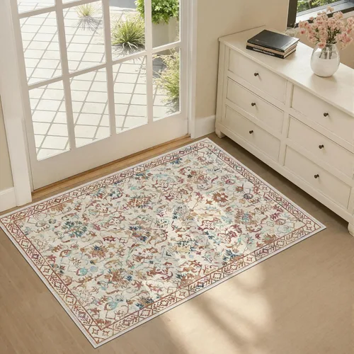 Alfombra de área pequeña de 2 x 3 pulgadas, color beige, para entrada, baño, cocina, antideslizante, de pelo bajo, lavable, moderna alfombra bohemia
