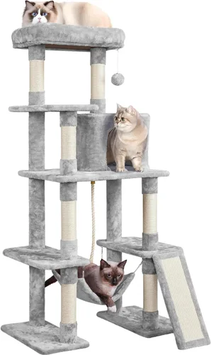 Miniatura 8 de Yaheetech Árbol resistente de 54 pulgadas para gatos grandes, condominio de gatitos de varios niveles con postes rascadores, hamaca y percha