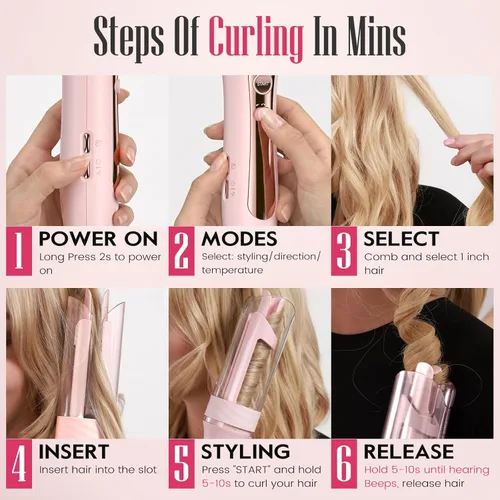Miniatura 3 de Zavarea Rizador giratorio automático para cabello largo, varita rizadora de 1 pulgada para ondas de playa y rizos sueltos, rizador de pelo fácil Rosa