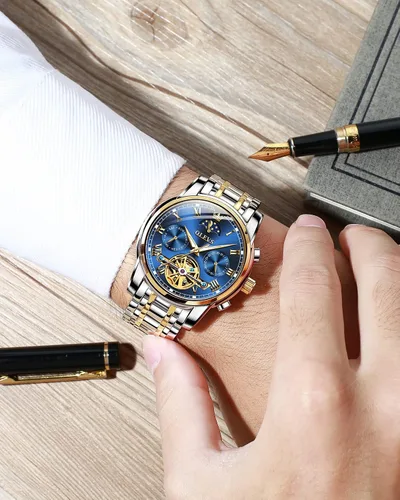 Miniatura 5 de OLEVS Relojes automáticos para hombre diseño de esqueleto Tourbillon cuerda automática reloj de pulsera de lujo fase lunar fecha impermeable