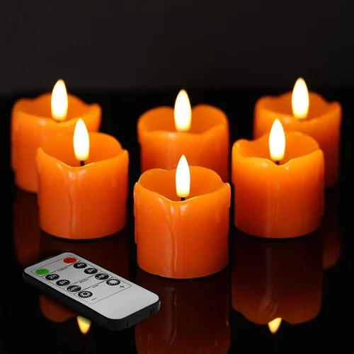Eywamage Velas votivas sin llama de cera de goteo naranja con pilas remotas, velas LED pequeñas de 2 x 2 pulgadas, juego de 6