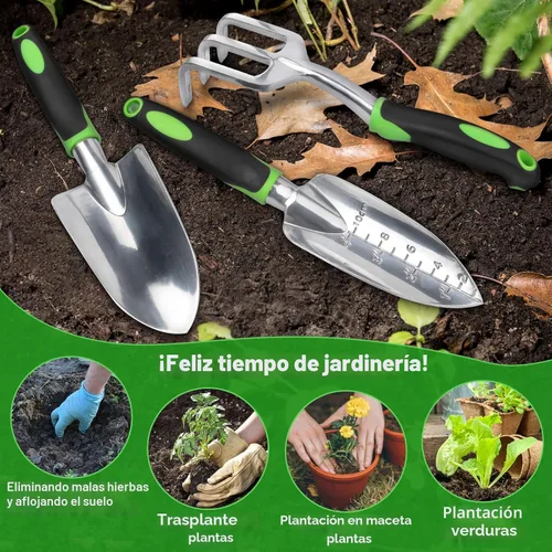 Miniatura 7 de Juego de herramientas de jardín, paquete de 3 herramientas de jardinería resistentes, incluye pala de jardín, paleta de trasplante y rastrillo