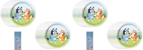 Miniatura 3 de El paquete de suministros para fiesta de cumpleaños Bluey incluye 16 platos de papel para pastel de postre y 1 hoja de calcomanías de dinosaurio